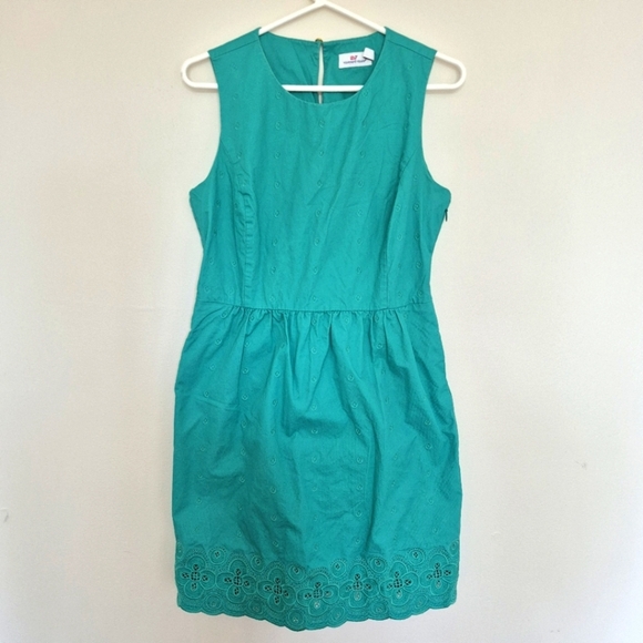 Vineyard Vines Green Textured Eyelet Floral Cotton Midi Dress W Pockets – Size 8 - Picture 1 of 7